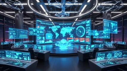 Futuristic control center with advanced technology, global data monitoring, and digital display - Powered by Adobe