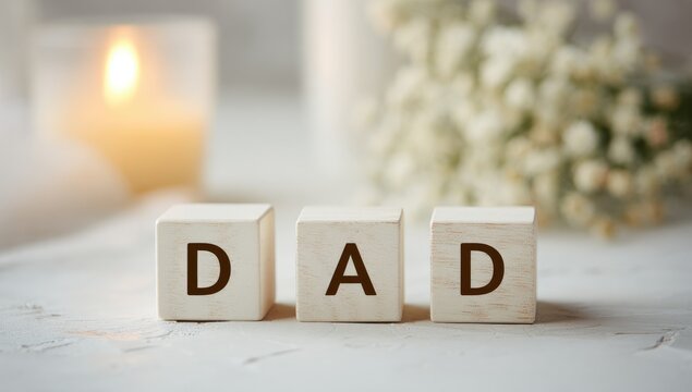 Wooden blocks spelling "DAD" on a light surface, with a candle and flowers in the background