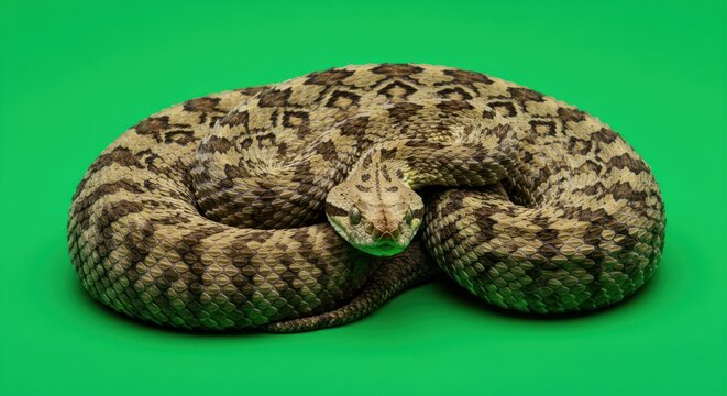 Puff Adder Coiled on Green: Detailed Scales and Intense Gaze