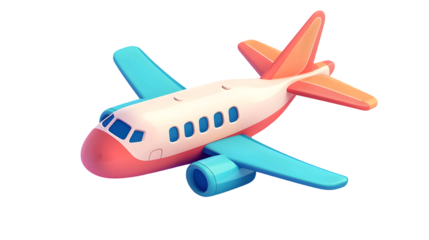 cute 3d airplane icon, bright colours, cartoon style isolated on a transparent background