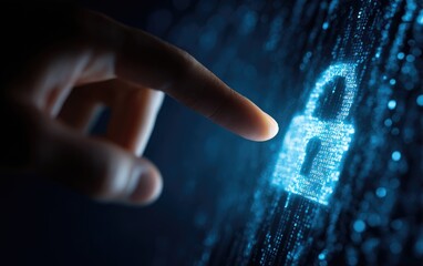 A hand points to a glowing padlock icon composed of digital code