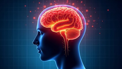 Obraz premium Digital illustration of a human brain glowing red with highlighted neural pathways, symbolizing migraine headache and neurological pain, set against a medical blue background.