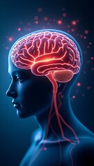 Digital illustration of a human brain glowing red with highlighted neural pathways, symbolizing migraine headache and neurological pain, set against a medical blue background.