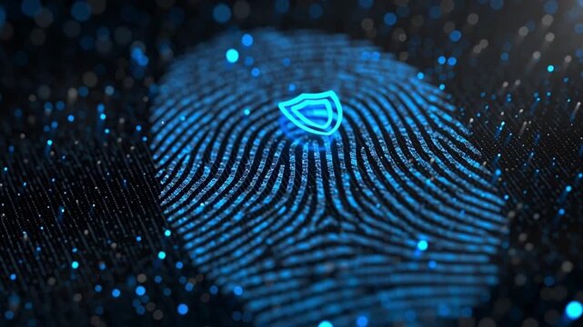 Digital fingerprint biometric security cyber protection technology, data privacy, blue glowing lines, abstract background, secure identity - Powered by Adobe
