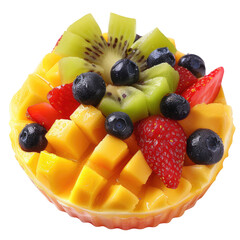 Vibrant fruit salad in a small bowl.  Fresh mango, kiwi, blueberries, and strawberries arranged artfully.  Bright colors and appetizing presentation