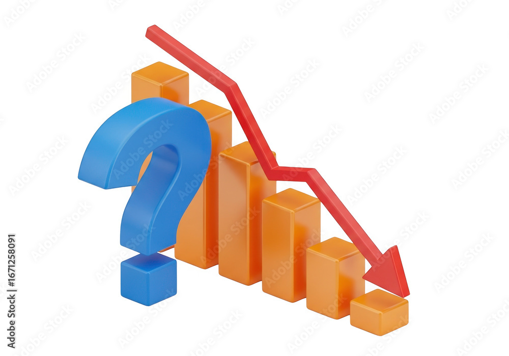 Poster question mark and bar chart with downward arrow symbolizing financial decline and uncertainty transp