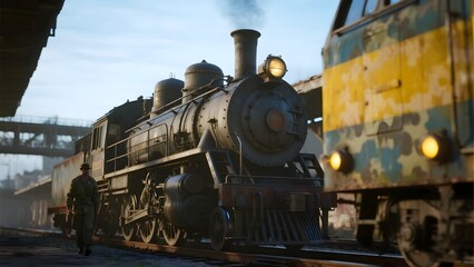 Obraz premium Steam Locomotive and Modern Train Side by Side at a Station