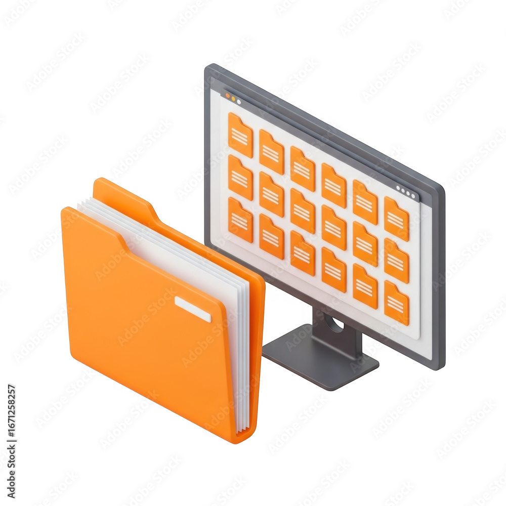 Aufkleber digital organization concept showing computer monitor and orange folder with files transparent backg
