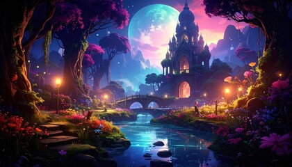 Magical forest with a castle at night
