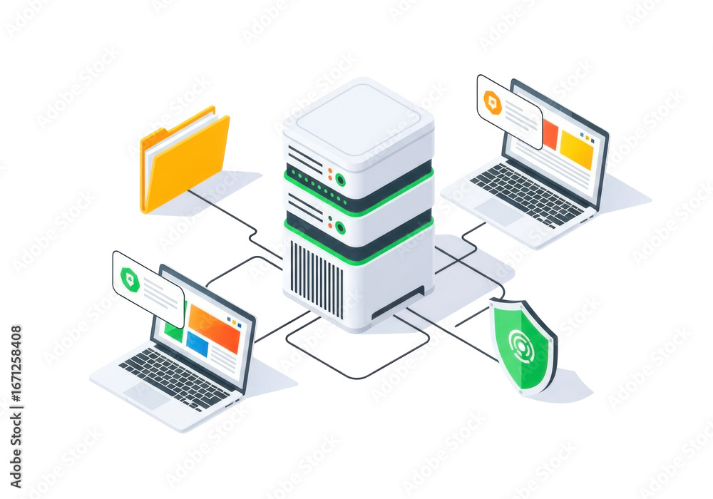 Aufkleber modern isometric data network with server laptops folders and security shield transparent background