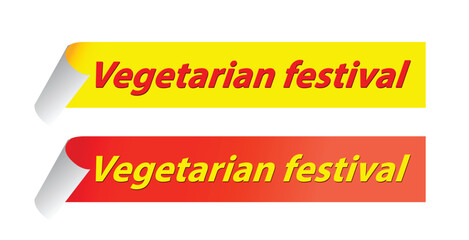 Two curled-edge ribbon stickers with “Vegetarian festival” text in bold red and yellow colors, representing the Thai vegetarian festival