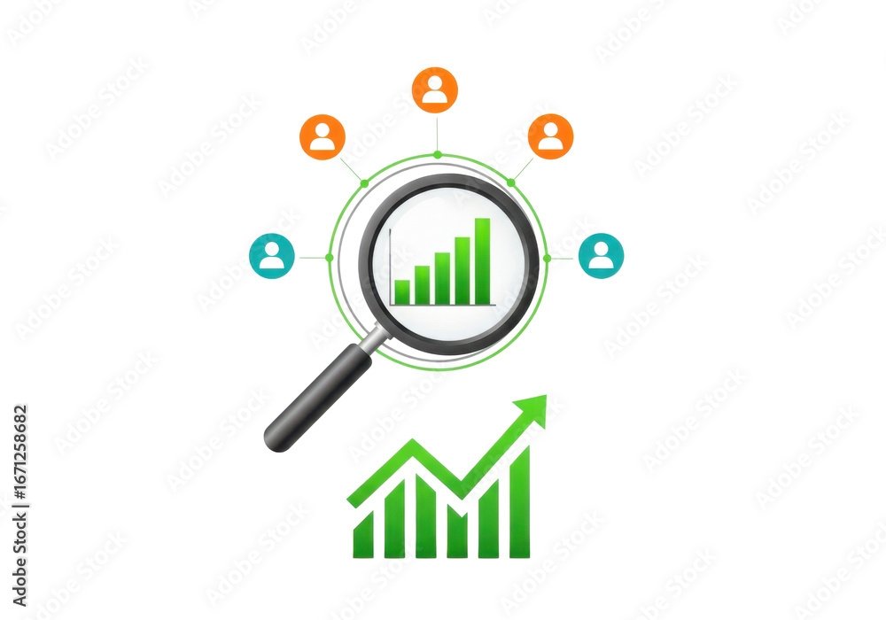 Poster magnifying glass over growth chart with people icons symbolizing data analysis and business insights