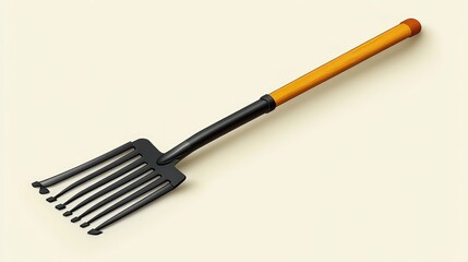 A garden rake, black tines, orange handle, on beige background