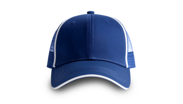 blue trucker cap mockup. A front view of a baseball hat with mesh sides on a transparent background.  photo studio shoot