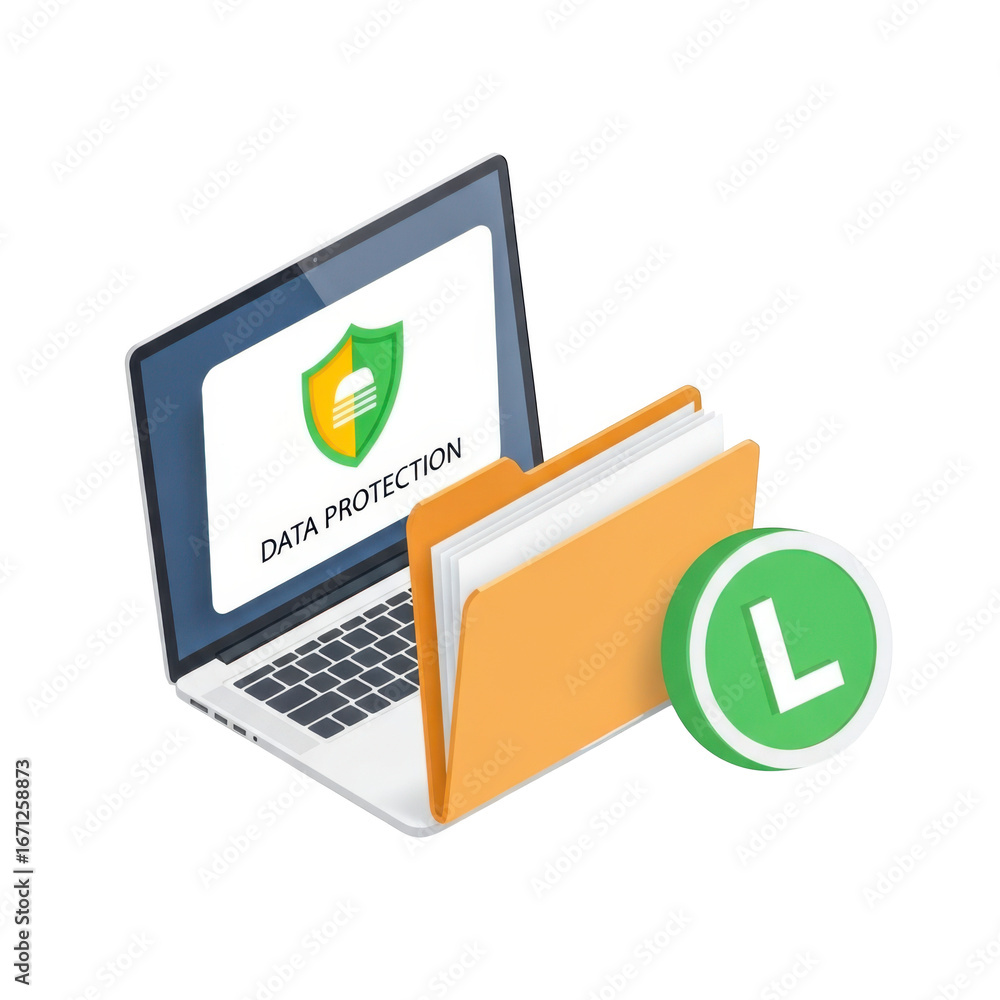 Aufkleber digital data protection security laptop and folder icon with checkmark symbol transparent background