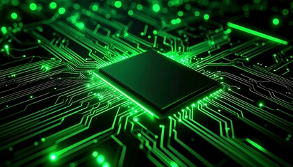 Circuit board with glowing green components