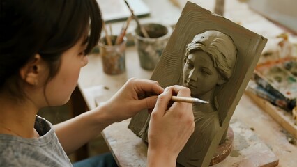 Artist meticulously sculpting a clay portrait using a fine tool in a well-lit studio
