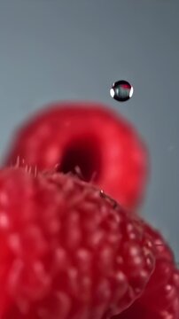 Vertical screen of juicy, fresh raspberries falling against a gray background, accompanied by sparkling water droplets, creating a refreshing and vibrant visual