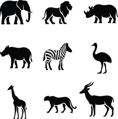 African Wildlife Silhouettes – 9 Animal Icons in Grid Layout