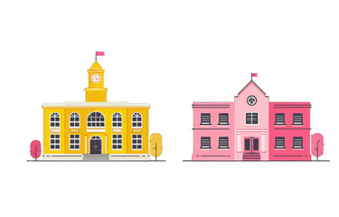 Fototapeta premium Two stylized school buildings, yellow and pink, with clock towers and flags