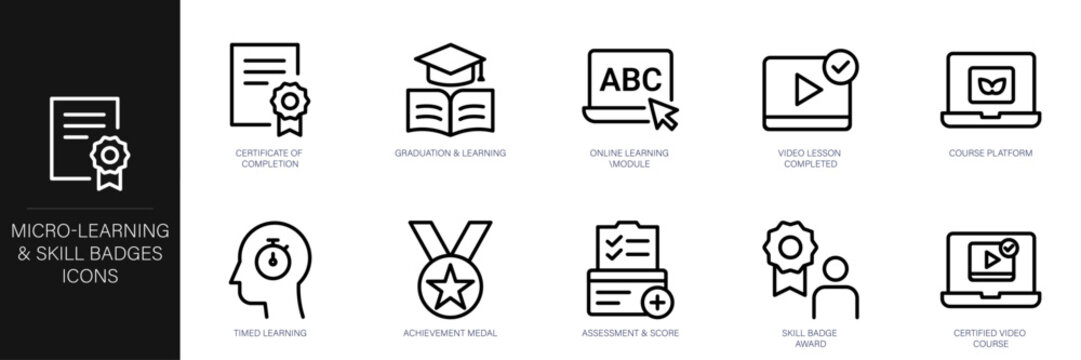 Micro-learning and Skill Badges Line Icon Set