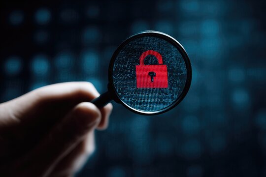 Hand holds magnifying glass focusing on a red padlock icon over digital data - Powered by Adobe
