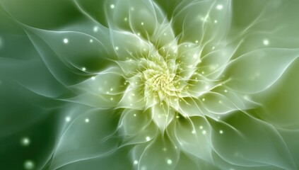 Abstract, light green flower fractal with soft, translucent petals and sparkling details