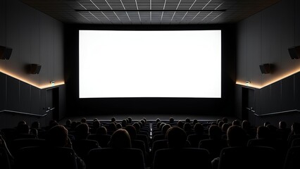 Fototapeta premium Dark Cinema Auditorium with Blank White Screen and Audience Ready