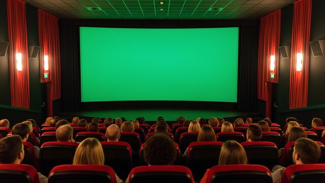 Cinema audience watching a large green screen for film projection - Powered by Adobe