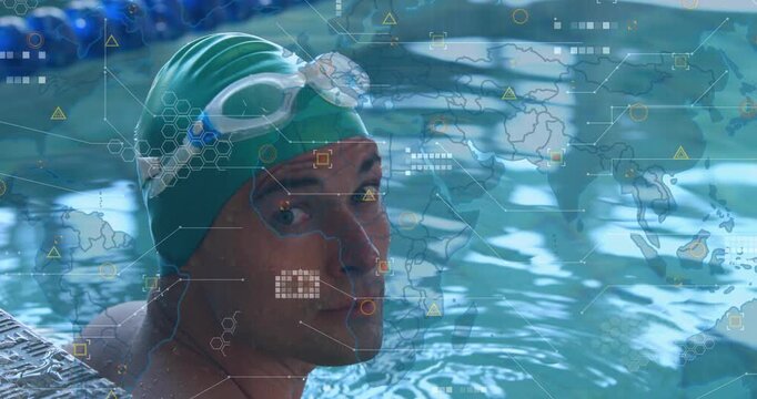 swimmer pressing arms against pool edge starting sports analytics overlay tracking data and smiling - Powered by Adobe