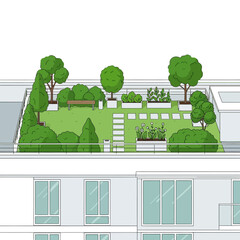 Discover serene urban oasis rooftop garden sanctuary with lush greenery, flowering plants, and a tranquil bench offering a peaceful escape with modern architectural elements.
