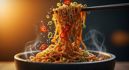 Steaming Noodles with Flying Toppings: A Culinary Delight in Motion