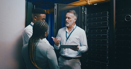 Server room, training and manager with people on tablet for cybersecurity, diagnostics test and...