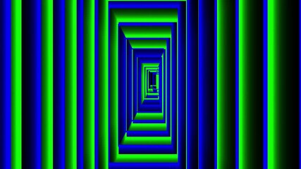 Abstract neon green and blue tunnel with glowing geometric 3d shapes creating futuristic motion background - Powered by Adobe