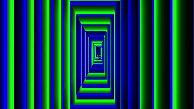 Abstract neon green and blue tunnel with glowing geometric 3d shapes creating futuristic motion background
