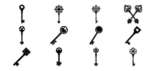 Collection of Ornamental Keys in Black Silhouette on a White Background