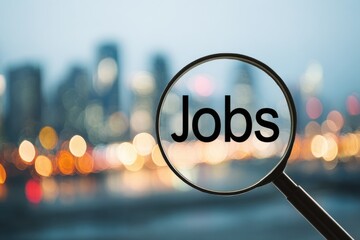Magnifying glass focusing on the word "Jobs" against a blurred cityscape at night