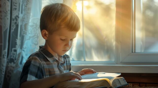 Little cute boy studying the scriptures at home, Christian bible study concept.