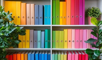 Well-organized bookshelf filled with vibrant, multicolored folders and books, ideal for a professional, tidy background in virtual meetings or webinars, Generative AI