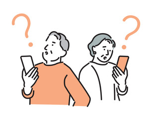シンプル　イラスト　スマホを持って考え込むシニアの男女　人物