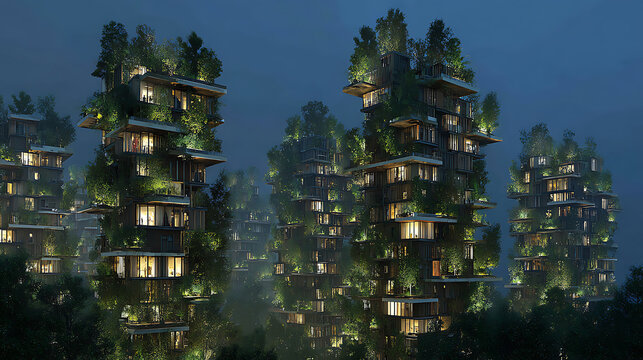 Bioluminescent Vertical Gardens Beautifying Skyscrapers in a Cyber-Futuristic Mega-City as a Sustainable Urban Design for Eco-Friendly Metropolises