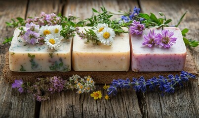 Artisanal handmade soap adorned with fresh flowers and aromatic herbs, set on a rustic wooden background, symbolizing eco-friendly skincare and wellness, Generative AI