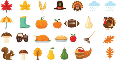 Fall thanksgiving autumn harvest seasonal icons vector illustration set