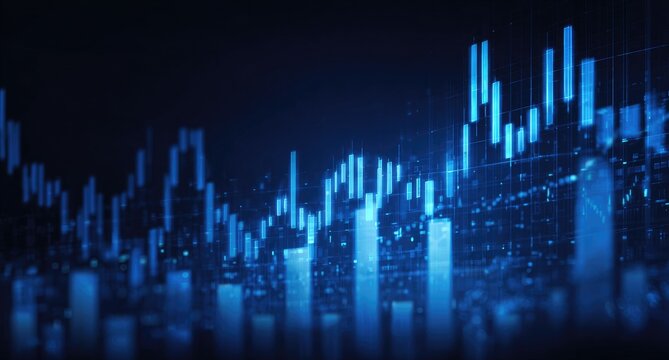 Abstract financial chart, glowing blue candlestick patterns on dark background