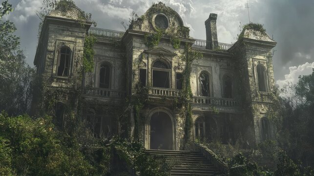 An eerie, abandoned mansion overtaken by nature, featuring crumbling architecture and overgrown vegetation under a dramatic sky.