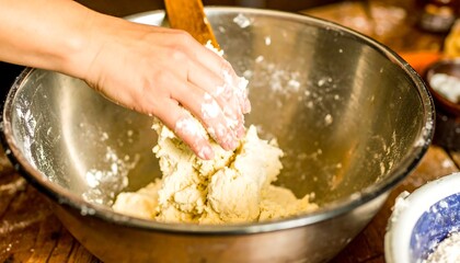 A person's hand mixes dough in a metal bowl with a wooden spoon