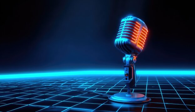 Retro microphone on a gridded, futuristic stage