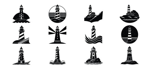 Collection of twelve different lighthouse illustrations in black and white vector format