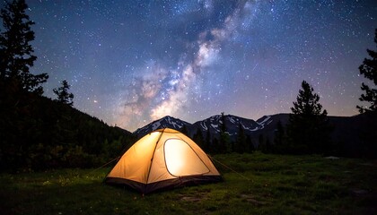Illuminated tent under starry sky