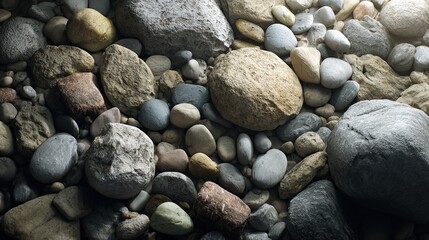 Stones of various shapes and sizes lie on the ground, and the overall composition conveys a sense of calm and tranquility through these natural elements.